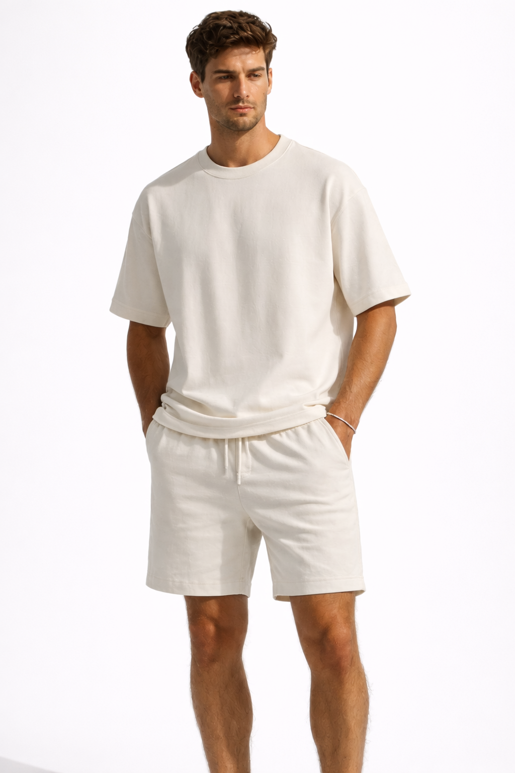 Compleu Bărbați Vară Tricou Oversize și Pantaloni Scurți Casual Două Piese Crem