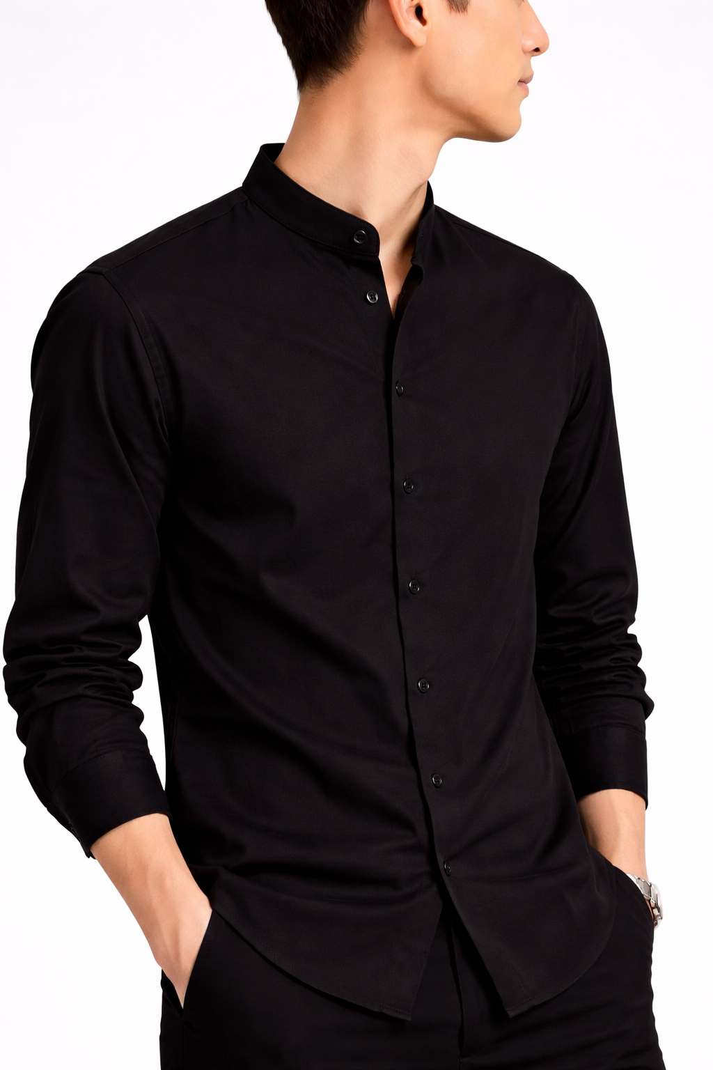 Cămașă Neagră Elegantă Bărbați – Guler Tunică Casual Modern