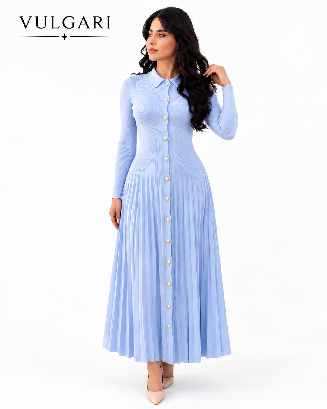 Rochie maxi bleu tricotată cu nasturi și guler