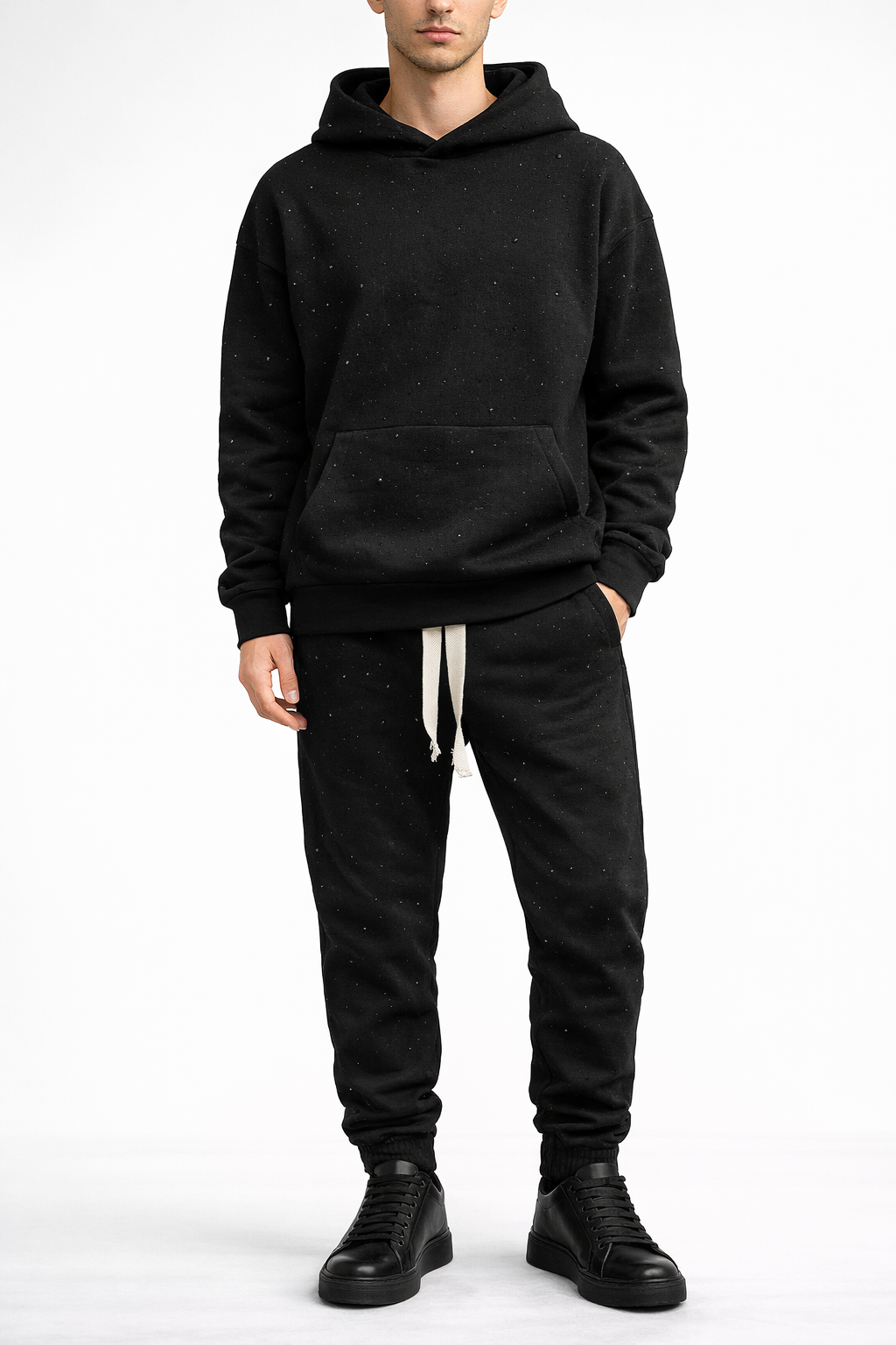 Trening UNISEX Negru cu Pietricele Strălucitoare – Set Hanorac și Pantaloni Sport Elegant