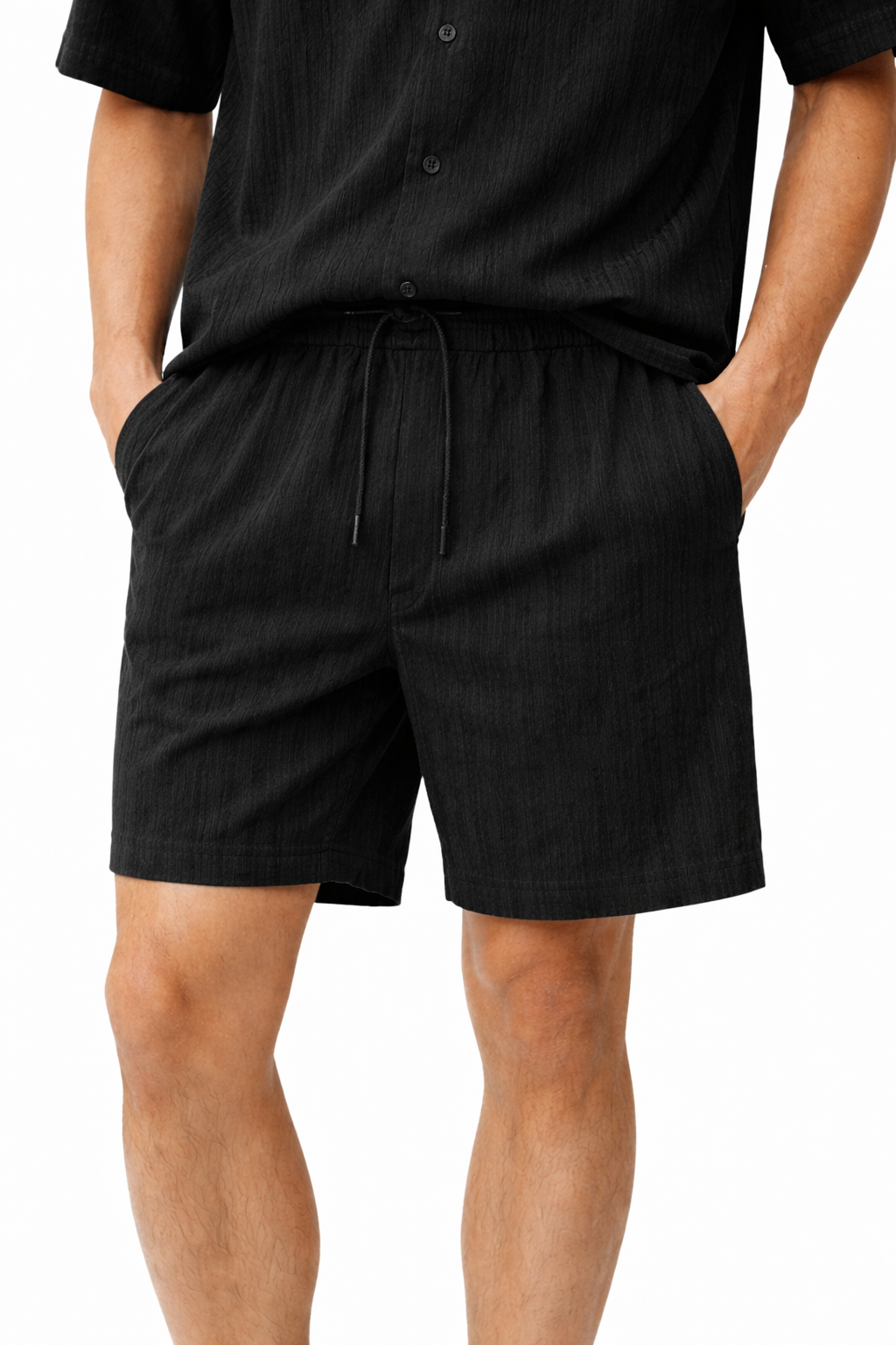 Compleu Bărbați Vară Cămașă și Pantaloni Scurți Casual Două Piese Crem sau Negru