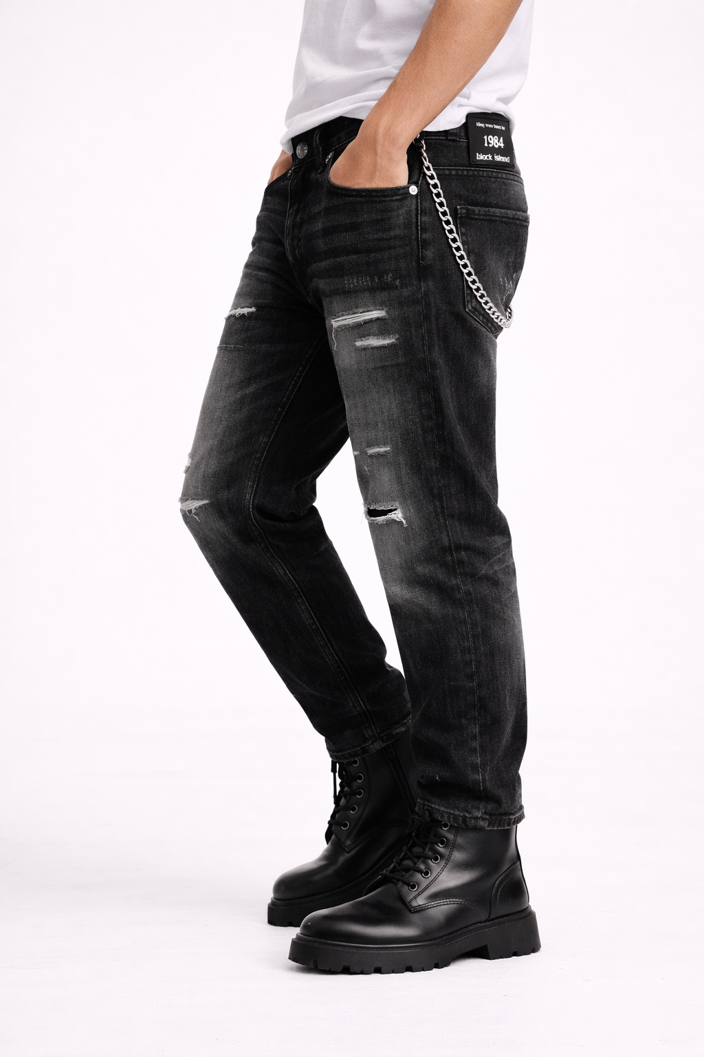 Blugi Bărbați Regular Fit Negri Distressed cu Lanț – Jeans Streetwear Modern
