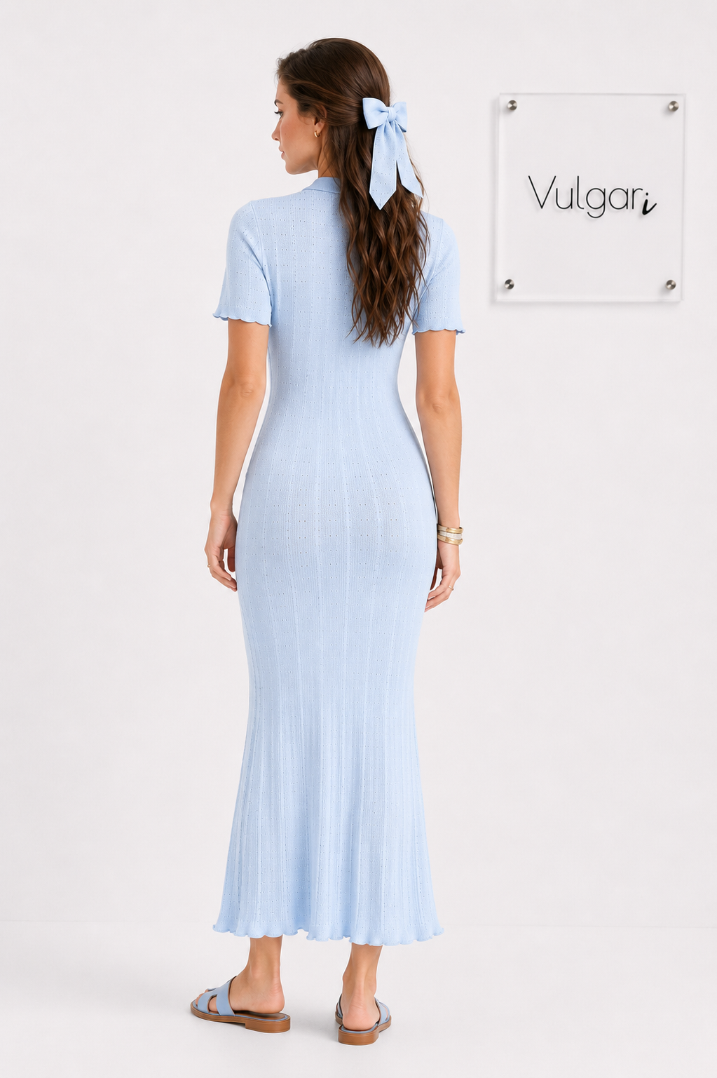 Rochie Lungă Damă Bleu Deschis, Tricot Subțire de Vară, Croială Mulată, Nasturi Decorativi