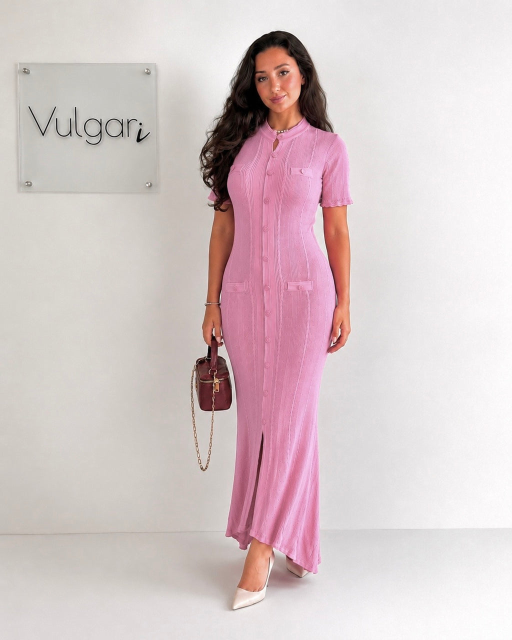 Rochie Lungă Damă Roz, Croială Mulată, Nasturi Decorativi, Elegantă de Vară