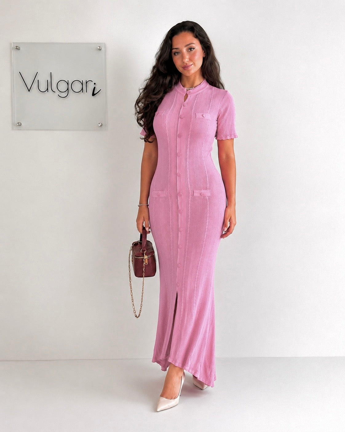 Rochie Lungă Damă Roz, Croială Mulată, Nasturi Decorativi, Elegantă de Vară