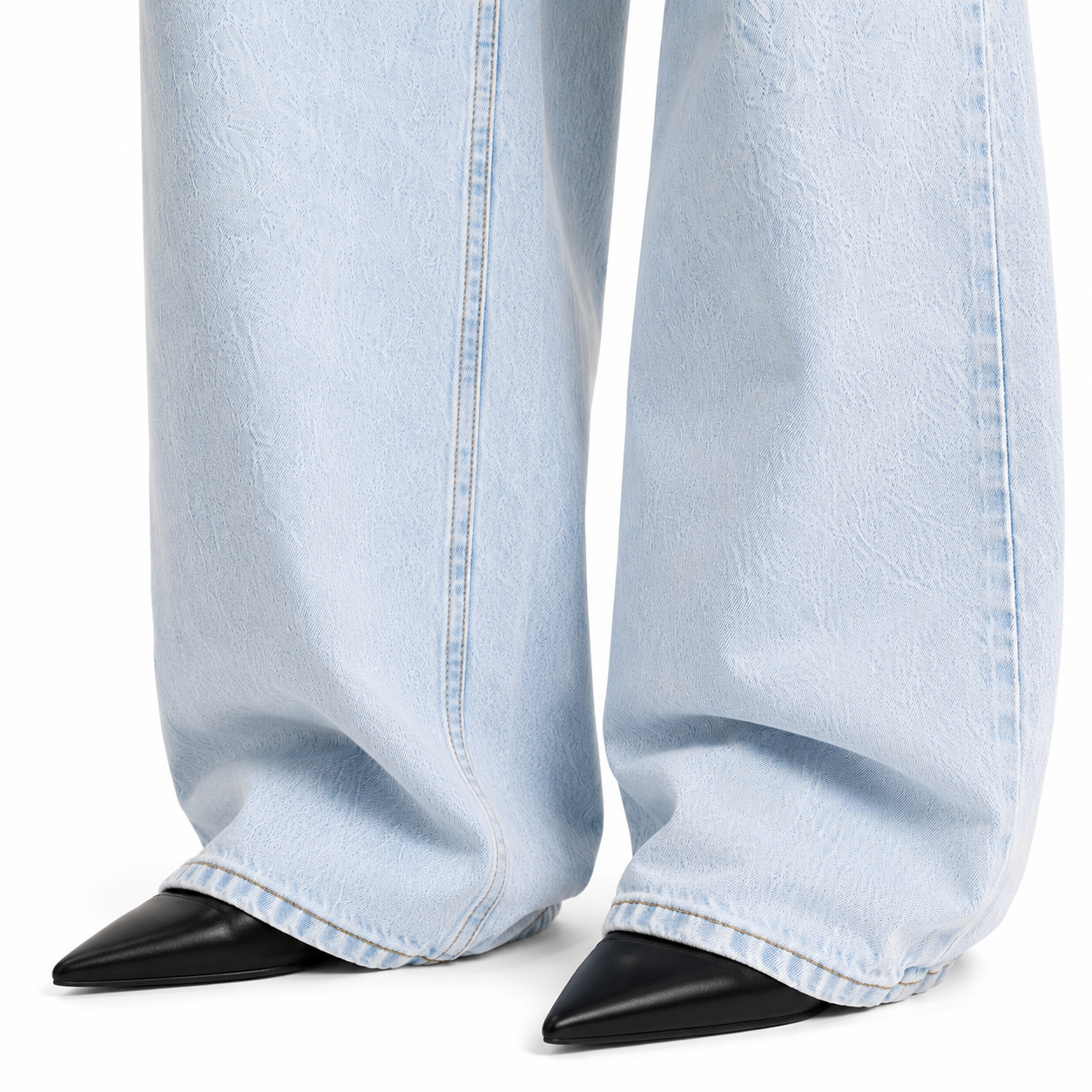 Blugi damă Wide Leg, talie înaltă, albastru deschis, design asimetric cu detalii distressed