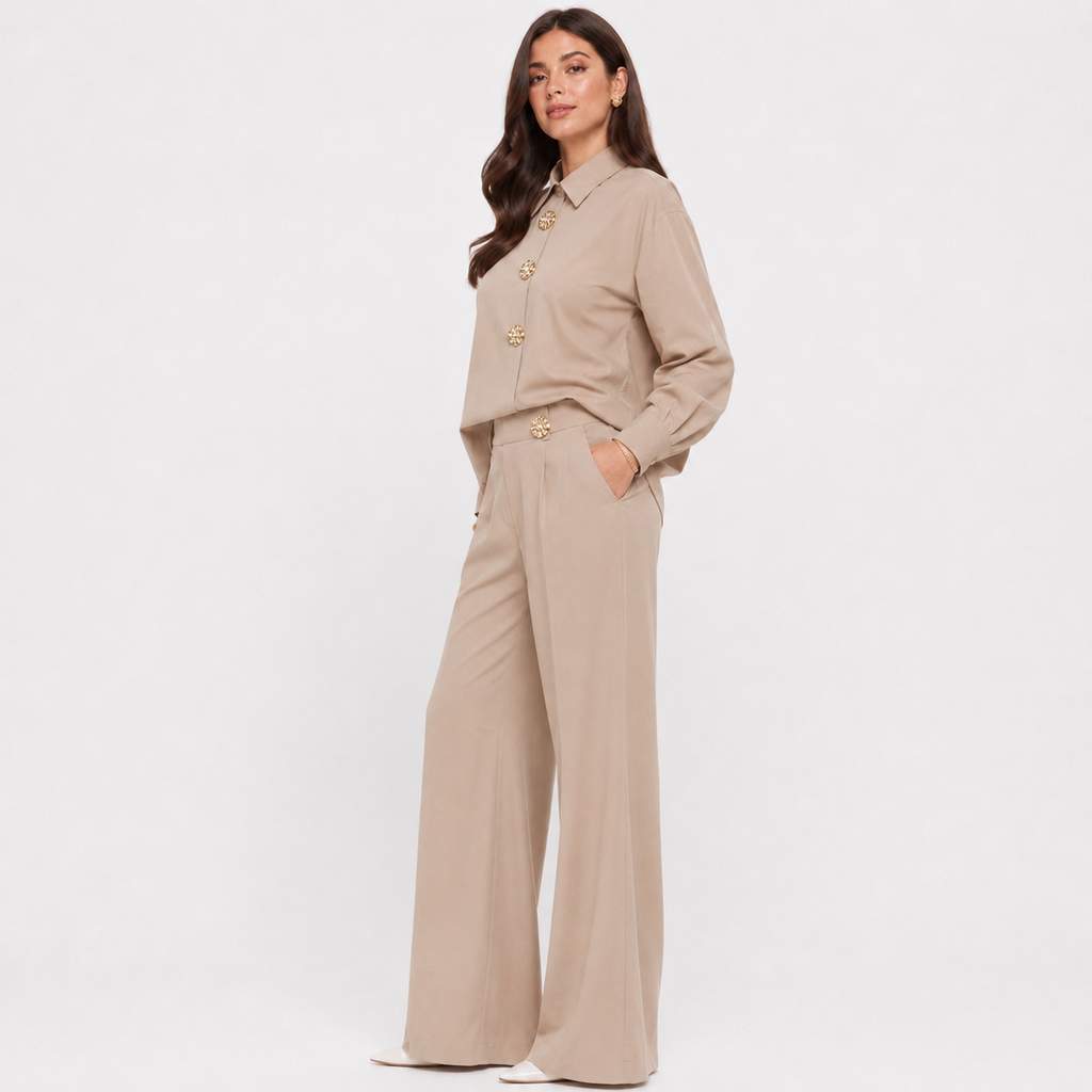 Set damă elegant cămașă și pantaloni palazzo, talie înaltă, croi larg, office, casual chic, premium