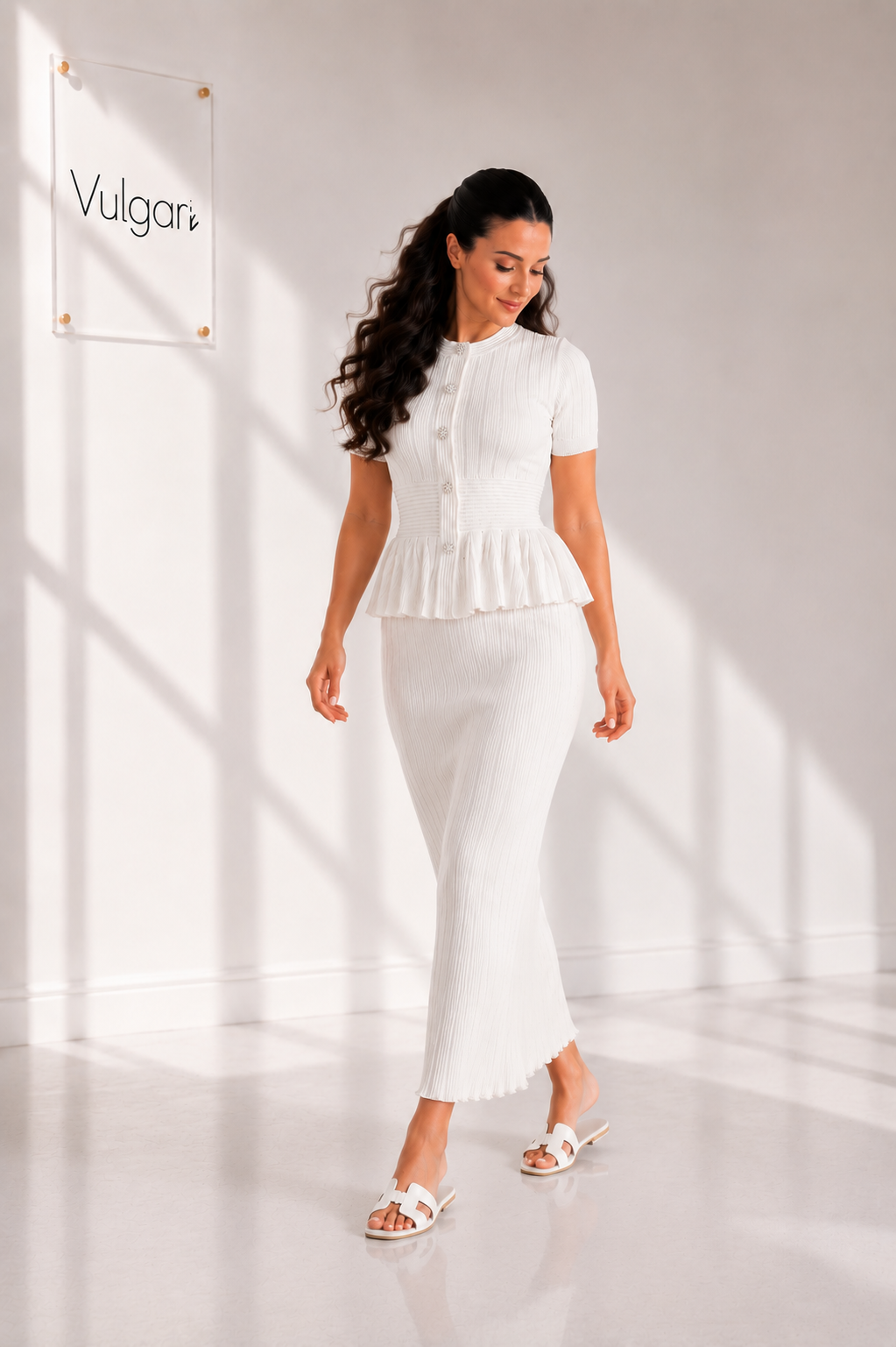 Compleu Damă Bleu Elegant, Bluză Peplum cu Nasturi Decorativi și Fustă Lungă
