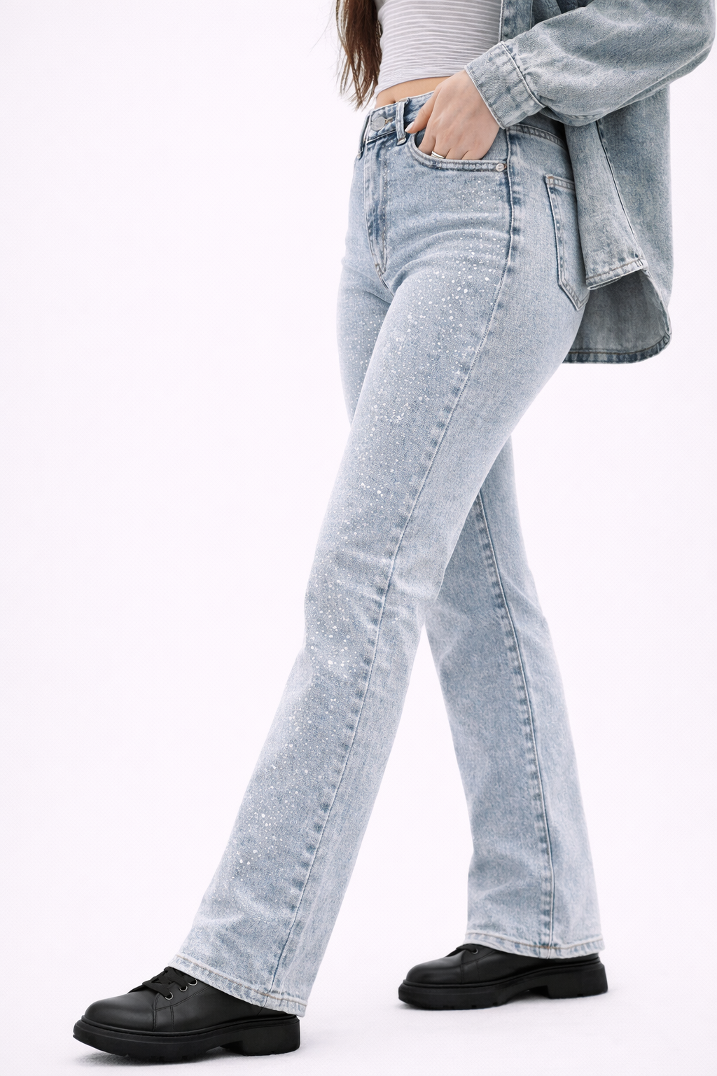 Blugi Damă Bootcut cu Pietricele Strălucitoare Albastru Deschis