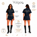 Compleu damă denim 2 piese, cămașă scurtă și fustă-pantalon asimetrică, albastru închis