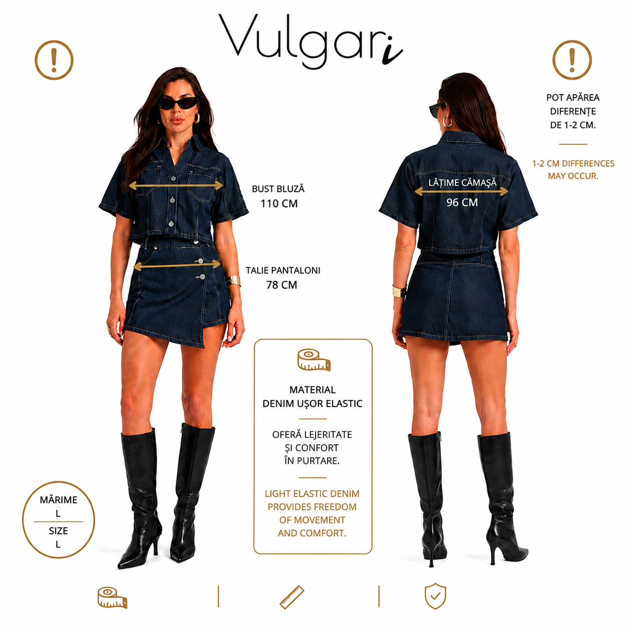 Compleu damă denim 2 piese, cămașă scurtă și fustă-pantalon asimetrică, albastru închis