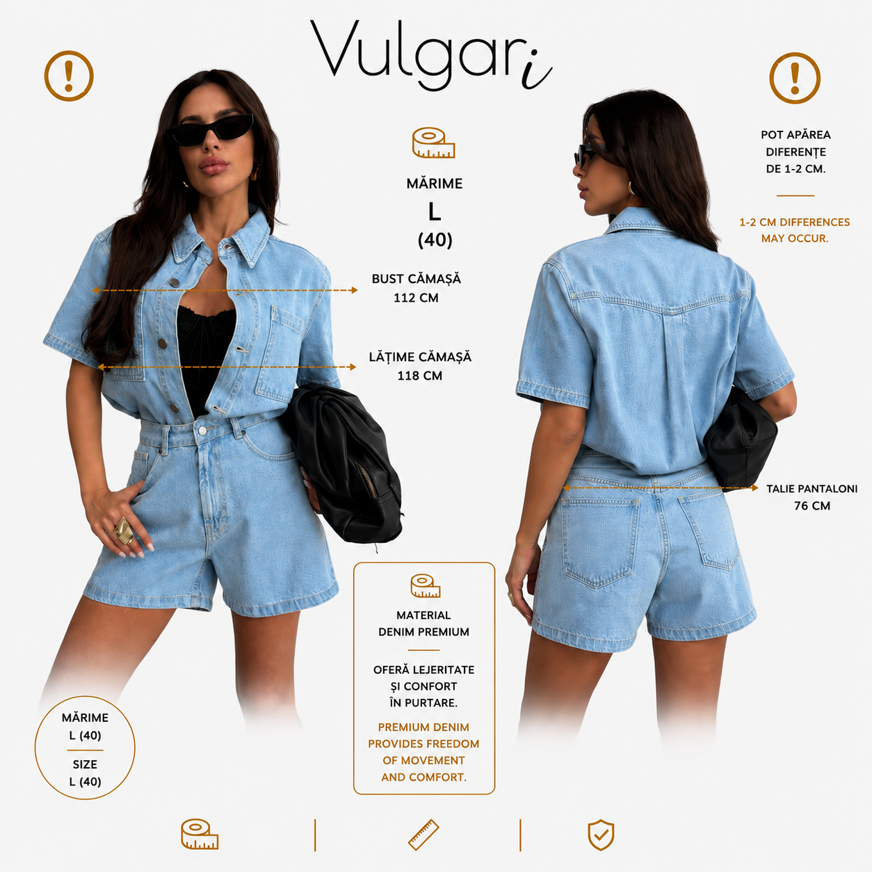Compleu damă denim 2 piese, cămașă oversized și pantaloni scurți cu talie înaltă, albastru deschis