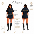 Compleu damă denim 2 piese, cămașă scurtă și fustă-pantalon asimetrică, albastru închis