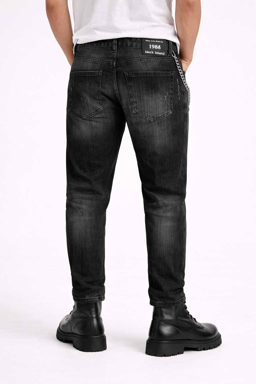 Blugi Bărbați Regular Fit Negri Distressed cu Lanț – Jeans Streetwear Modern