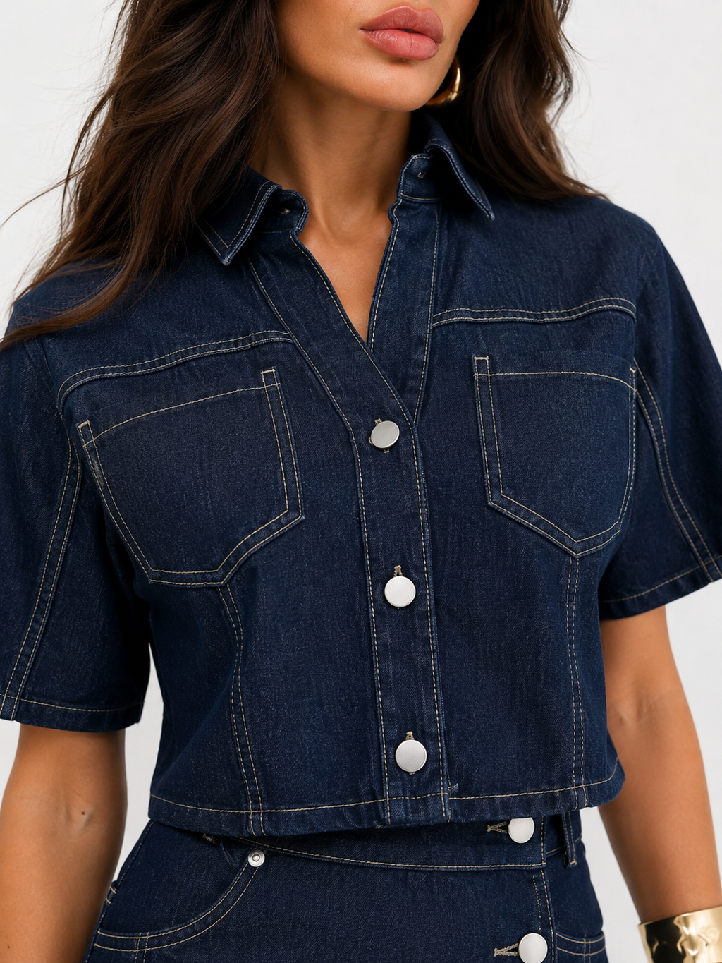 Compleu damă denim 2 piese, cămașă scurtă și fustă-pantalon asimetrică, albastru închis