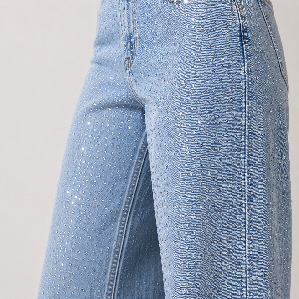 Compleu Damă Denim cu Pietre Diamond, Top Corset și Blugi Wide Leg, Albastru Deschis