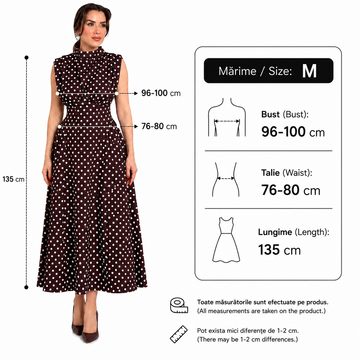 Rochie dama eleganta midi cu buline, fara maneci, croi clos, guler inalt, maro cu buline albe, casual, office, de ocazie
