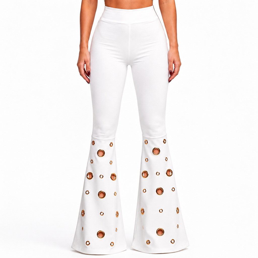 Compleu Damă Elegance Gold, Alb, Top și Pantaloni Evazați cu Detalii Aurii
