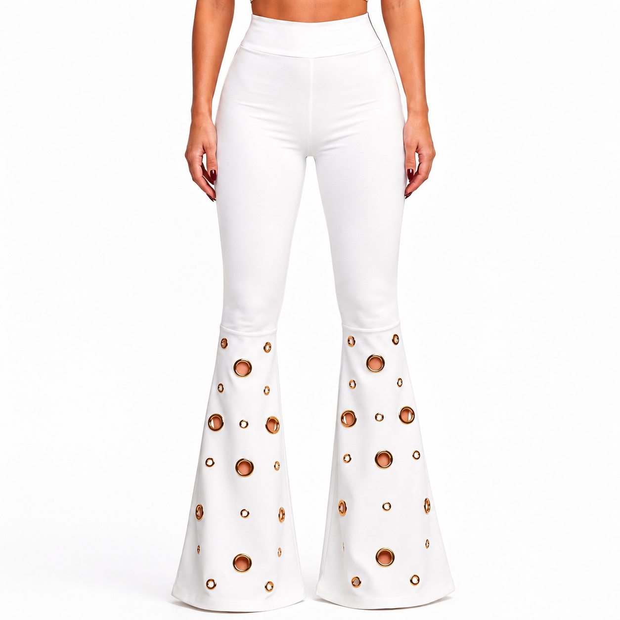 Compleu Damă Elegance Gold, Alb, Top și Pantaloni Evazați cu Detalii Aurii
