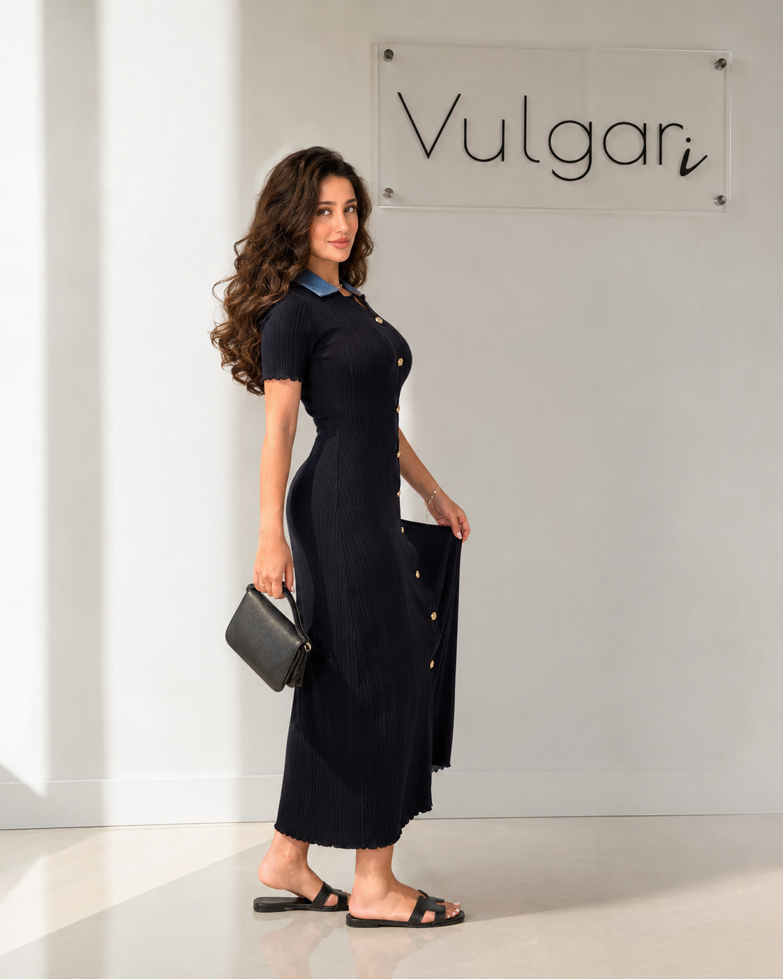 Rochie Lungă Neagră de Vară, Croială Mulată, Guler Contrastant și Nasturi Aurii