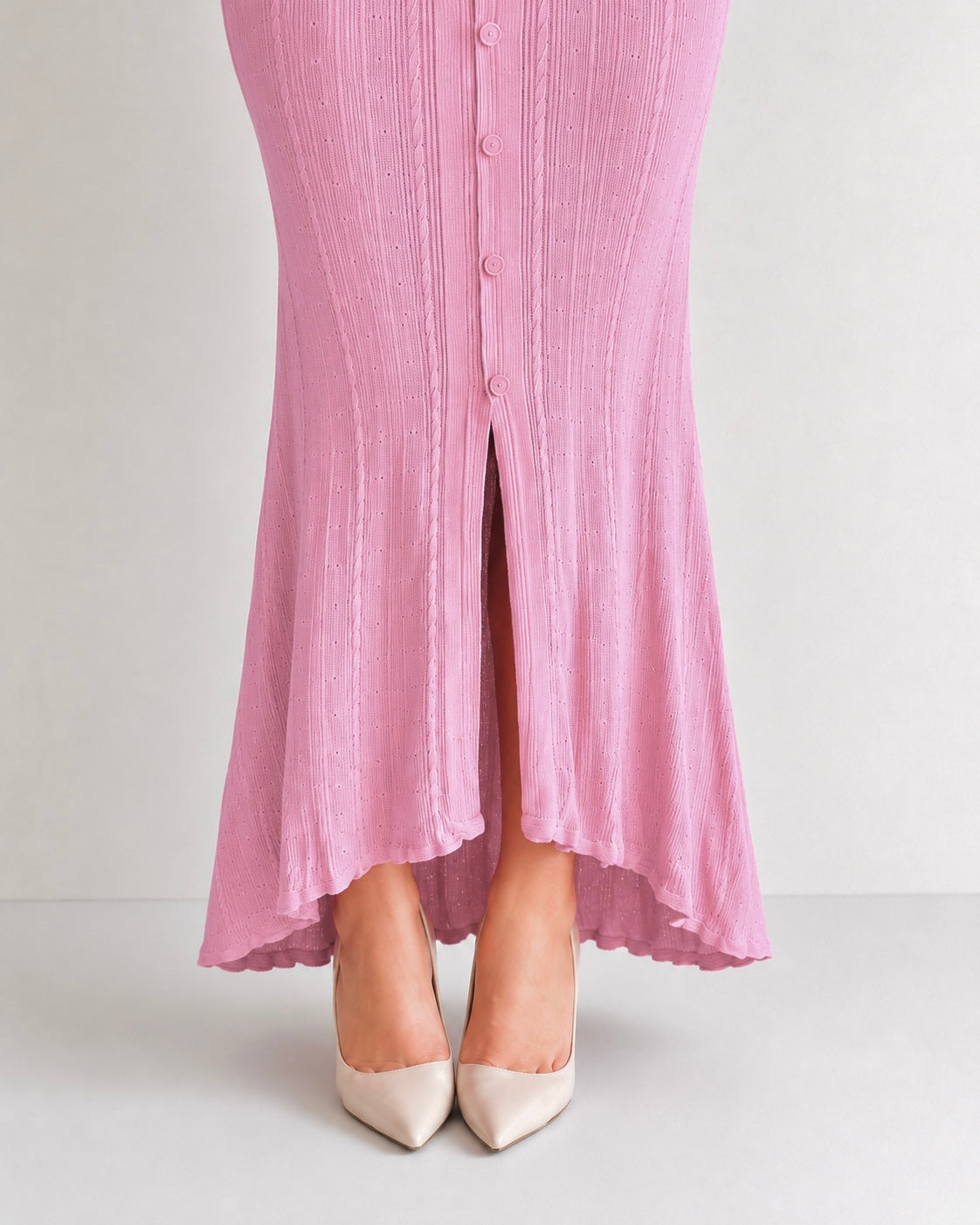 Rochie Lungă Damă Roz, Croială Mulată, Nasturi Decorativi, Elegantă de Vară