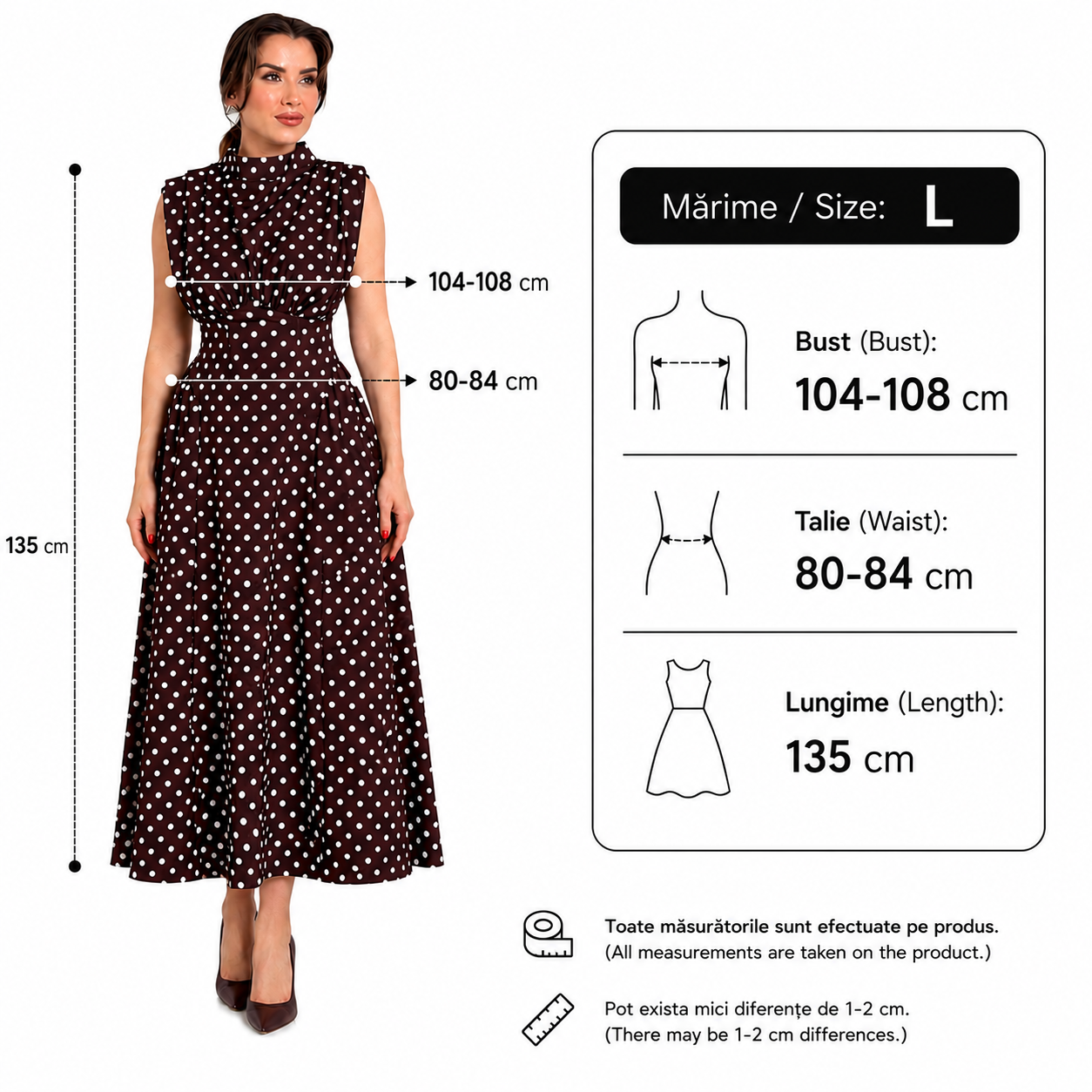 Rochie dama eleganta midi cu buline, fara maneci, croi clos, guler inalt, maro cu buline albe, casual, office, de ocazie