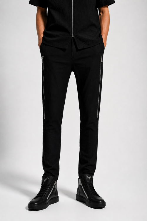Compleu bărbați negru elegant, cămașă și pantaloni cu fermoare laterale, design modern