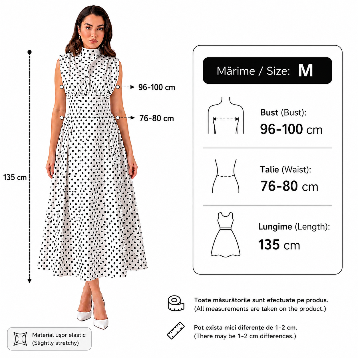 Rochie dama eleganta midi cu buline, fara maneci, croi clos, guler inalt, alba cu buline negre, casual, office, de ocazie