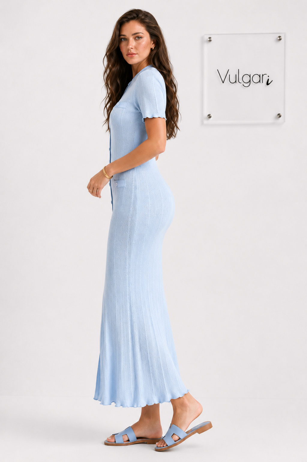 Rochie Lungă Damă Bleu Deschis, Tricot Subțire de Vară, Croială Mulată, Nasturi Decorativi