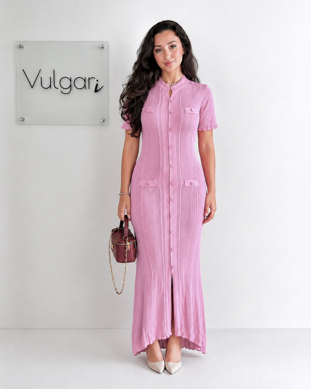 Rochie Lungă Damă Roz, Croială Mulată, Nasturi Decorativi, Elegantă de Vară