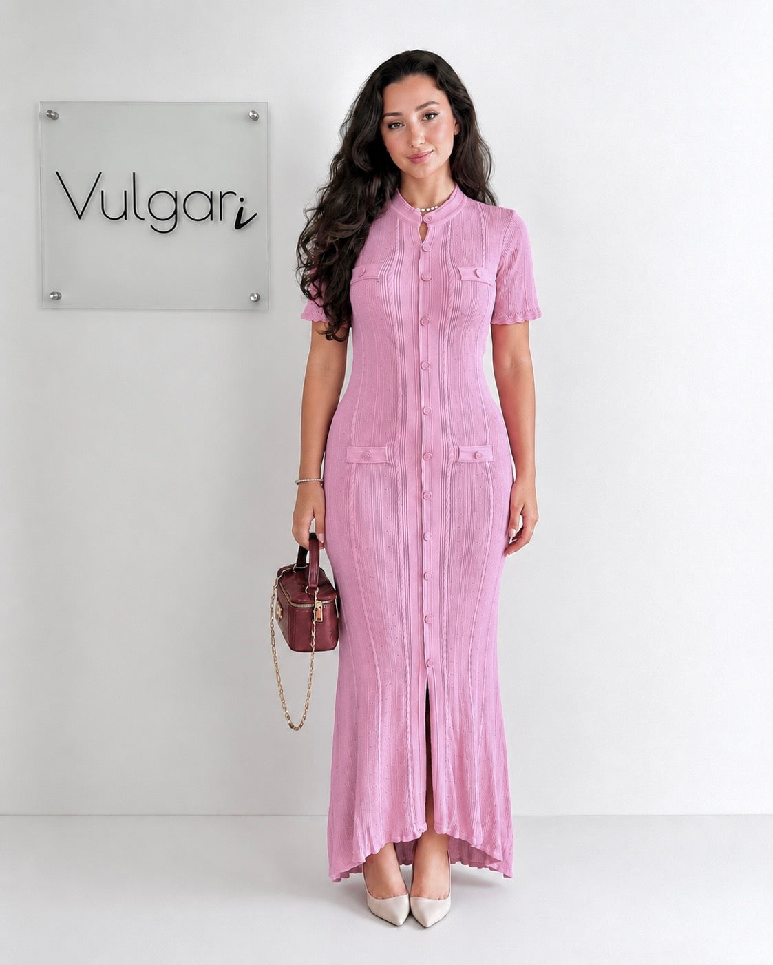 Rochie Lungă Damă Roz, Croială Mulată, Nasturi Decorativi, Elegantă de Vară