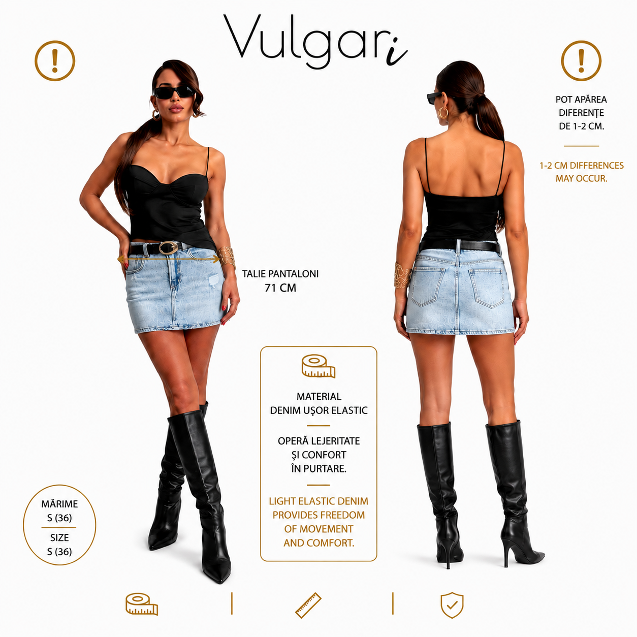 Fustă-pantalon damă denim (Skort), talie înaltă, albastru deschis, cu pantaloni scurți integrați
