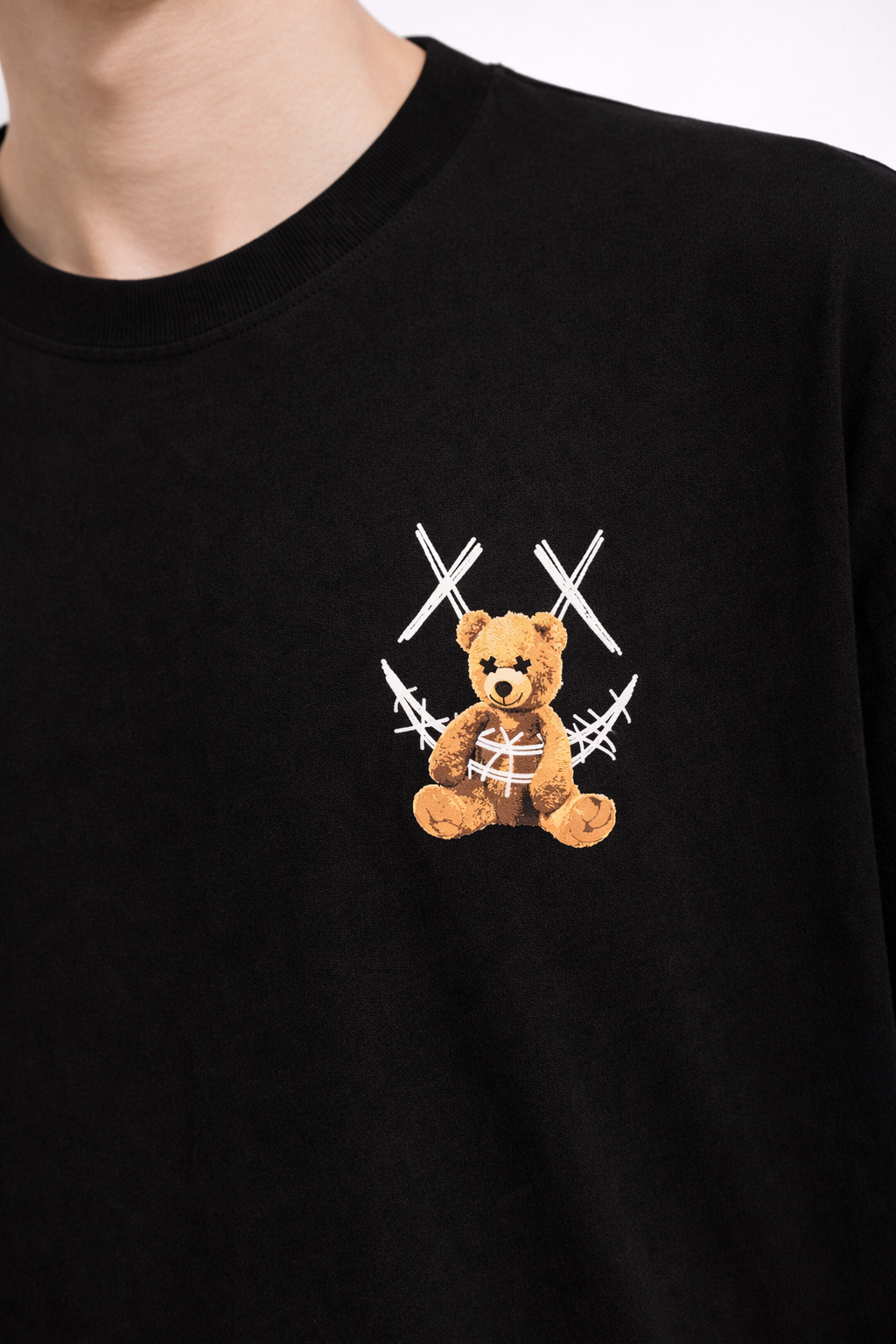 Tricou Oversize Negru Bărbați – Bear Teddy Print Streetwear