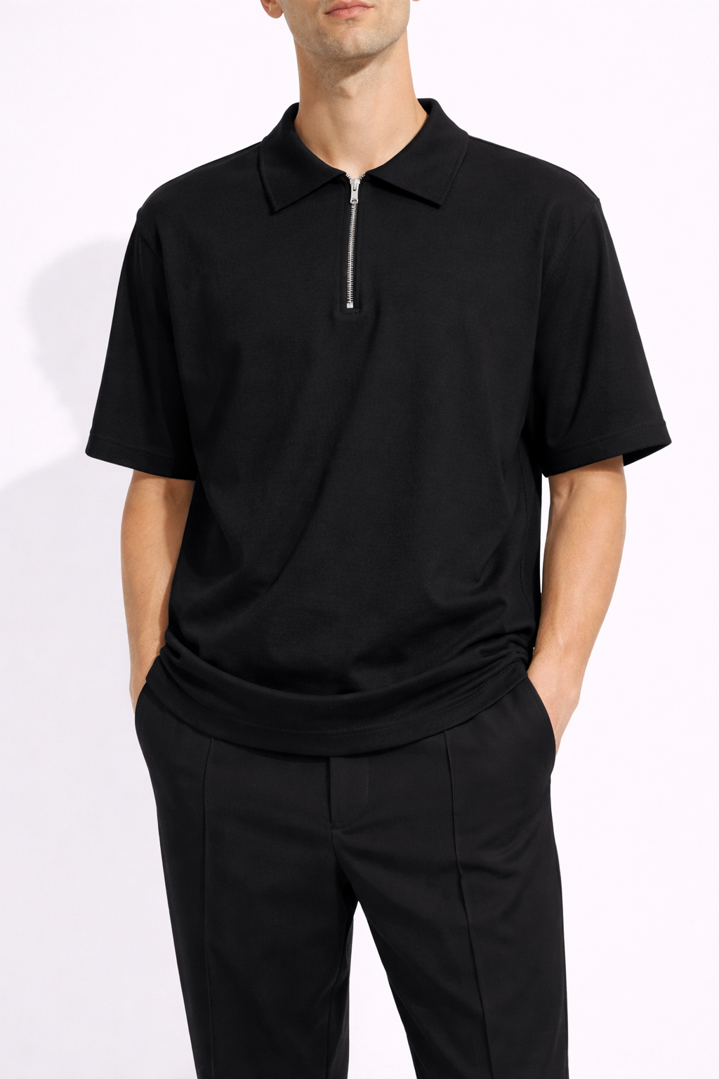 Tricou Polo Oversize Negru Bărbați – Casual cu Fermoar