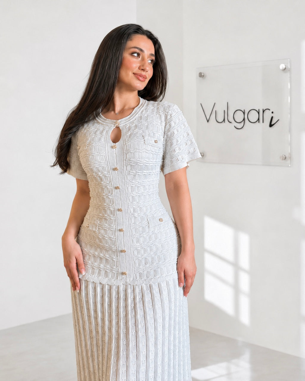 Rochie Lungă Albă cu Efect de Două Piese, Nasturi Aurii și Croială Elegantă