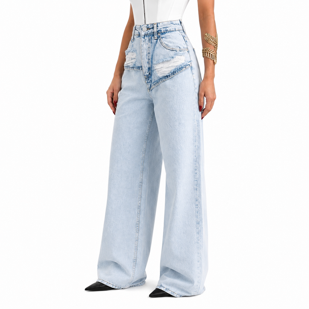Blugi damă Wide Leg, talie înaltă, albastru deschis, design asimetric cu detalii distressed
