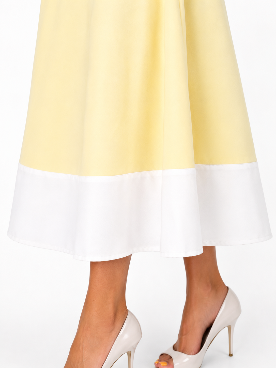 Rochie dama eleganta midi cu curea inclusa, fara maneci, croi clos,Galben cu alb, office, casual, de ocazie