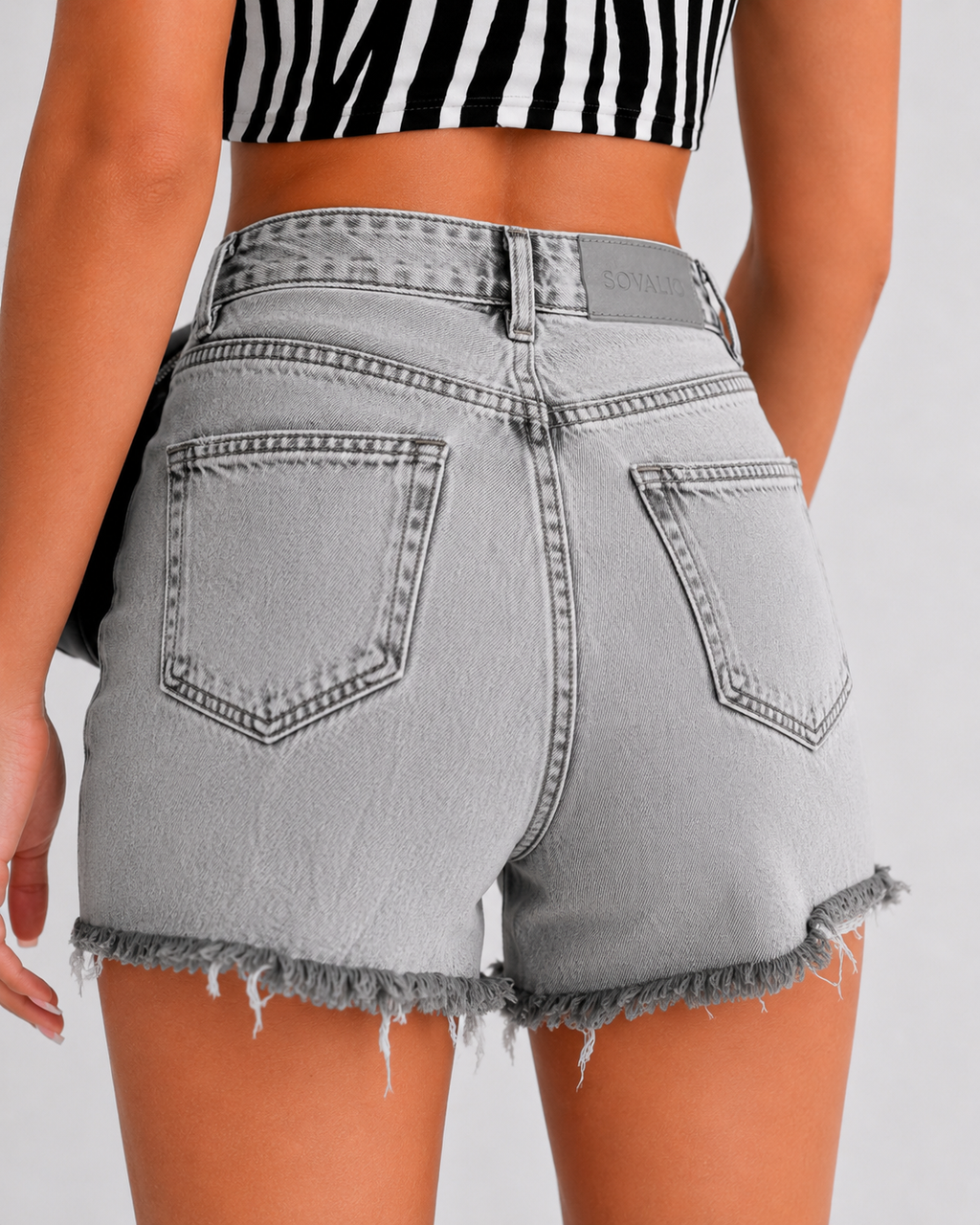 Pantaloni Scurți Damă din Denim, Talie Înaltă, Aspect Destroyed, Gri Deschis