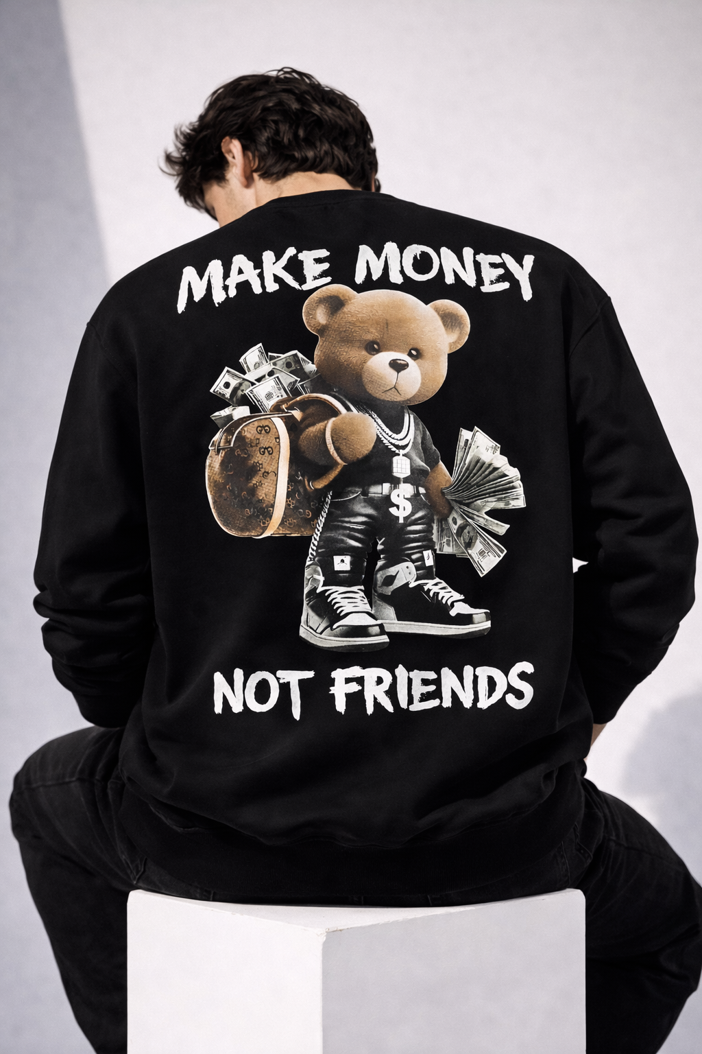 Bluză Oversize Bărbați Make Money Not Friends – Streetwear Alb, Negru