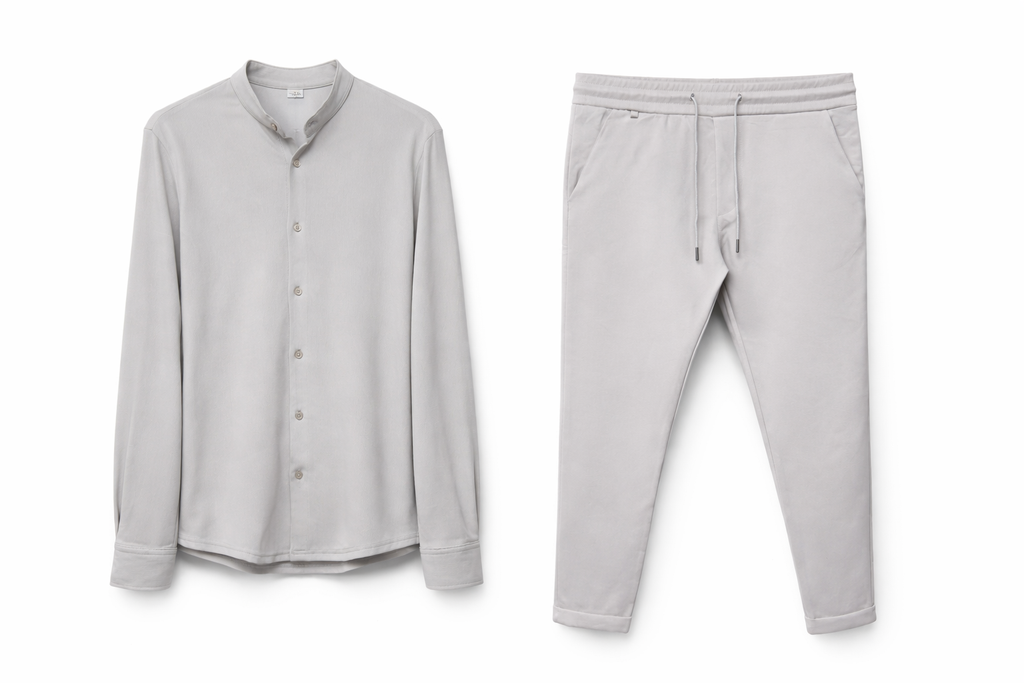 Compleu Elegant Gri Bărbați – Cămașă cu Guler Tunică și Pantaloni Casual