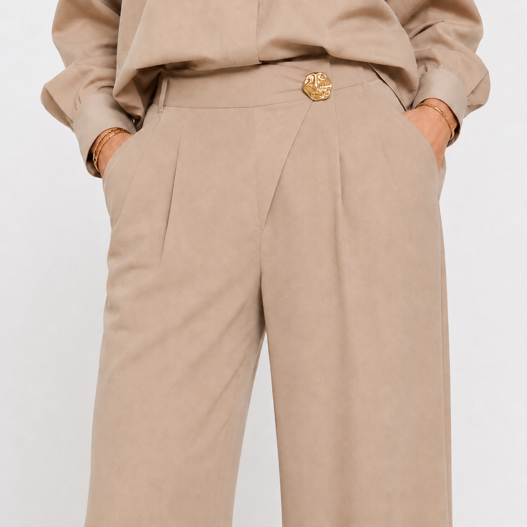 Set damă elegant cămașă și pantaloni palazzo, talie înaltă, croi larg, office, casual chic, premium