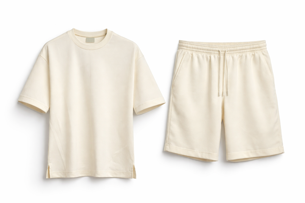 Compleu Bărbați Vară Tricou Oversize și Pantaloni Scurți Casual Două Piese Crem