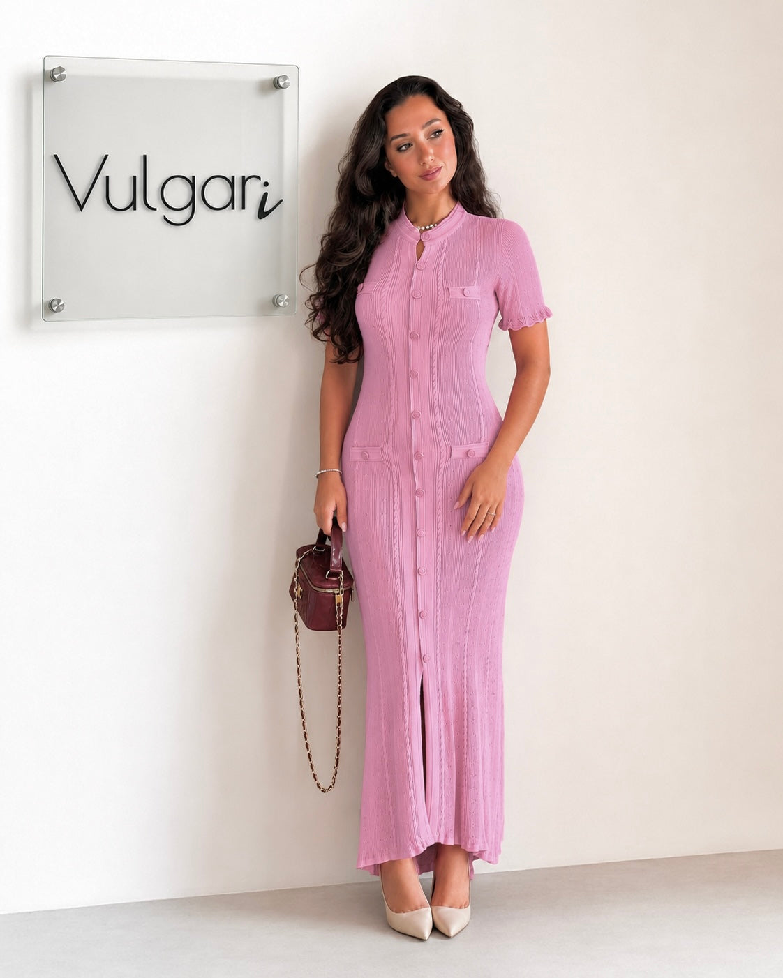 Rochie Lungă Damă Roz, Croială Mulată, Nasturi Decorativi, Elegantă de Vară