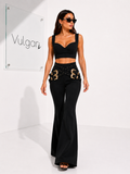 Compleu Damă Negru Elegant, Top Scurt și Pantaloni Evazați cu Catarame Aurii