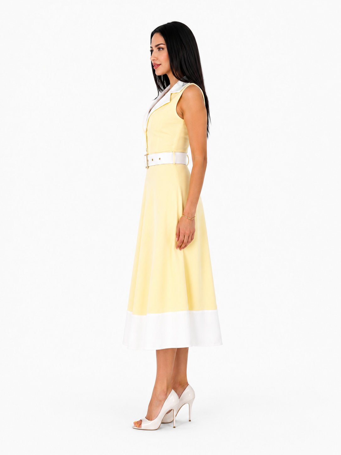 Rochie dama eleganta midi cu curea inclusa, fara maneci, croi clos,Galben cu alb, office, casual, de ocazie
