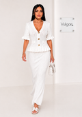 Compleu Damă Alb Elegant, Cardigan cu Nasturi Aurii și Fustă Maxi, Set 2 Piese
