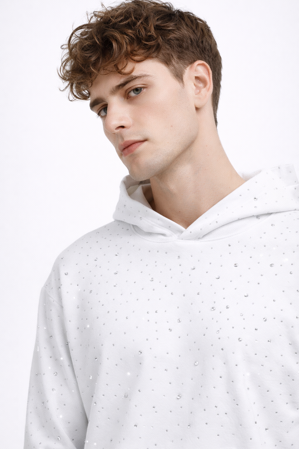 Trening Unisex Alb cu Pietre – Hanorac și Pantaloni Oversize Casual