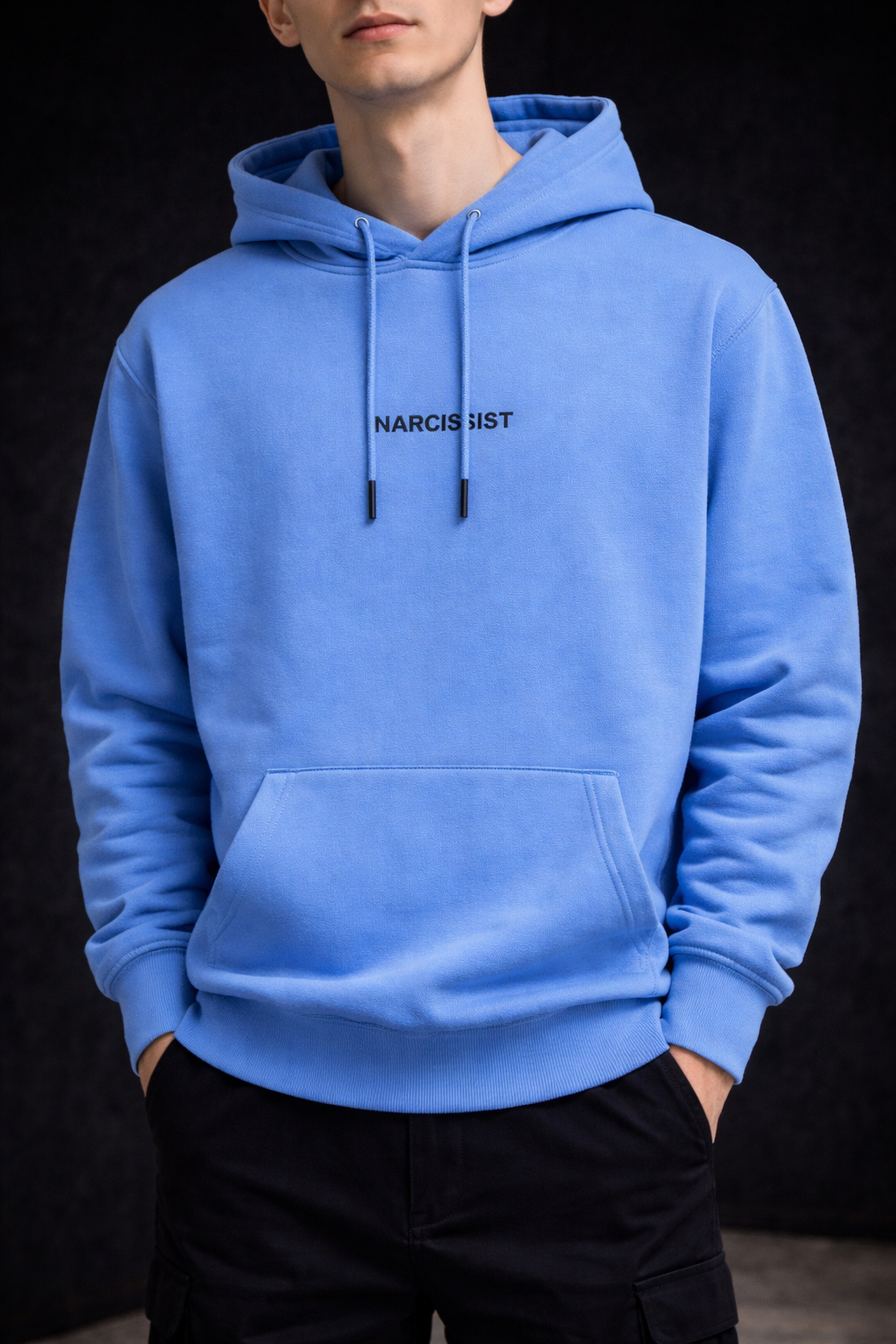 Hanorac Oversize Albastru Bărbați – Narcissist Print Streetwear