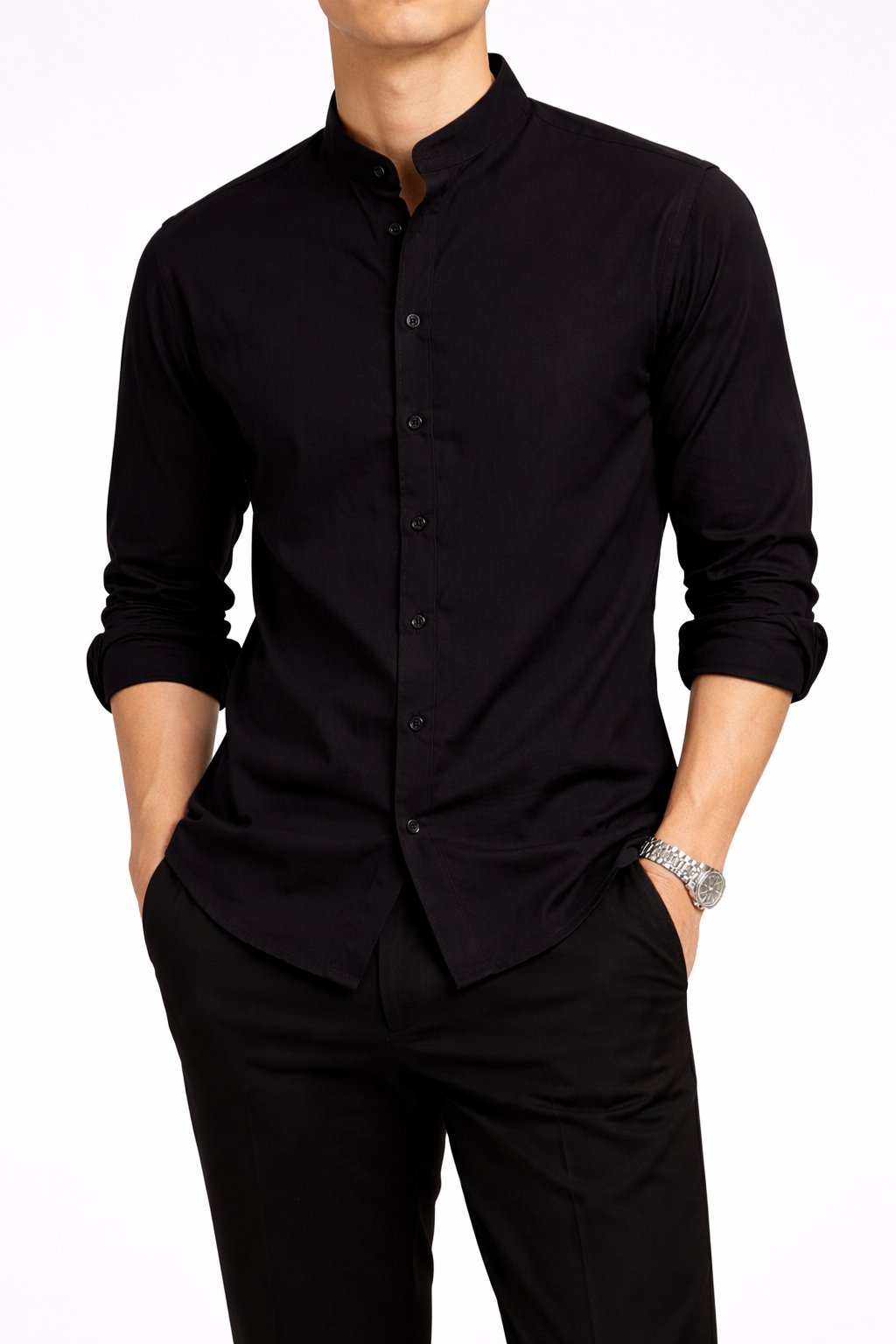 Cămașă Neagră Elegantă Bărbați – Guler Tunică Casual Modern
