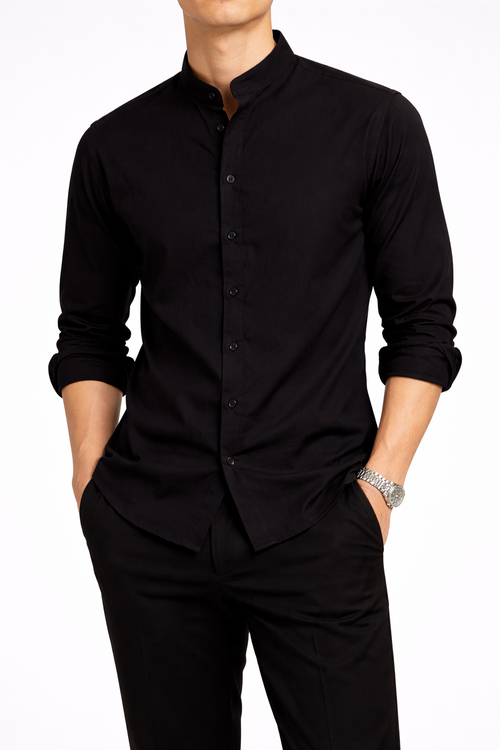 Cămașă Neagră Elegantă Bărbați – Guler Tunică Casual Modern
